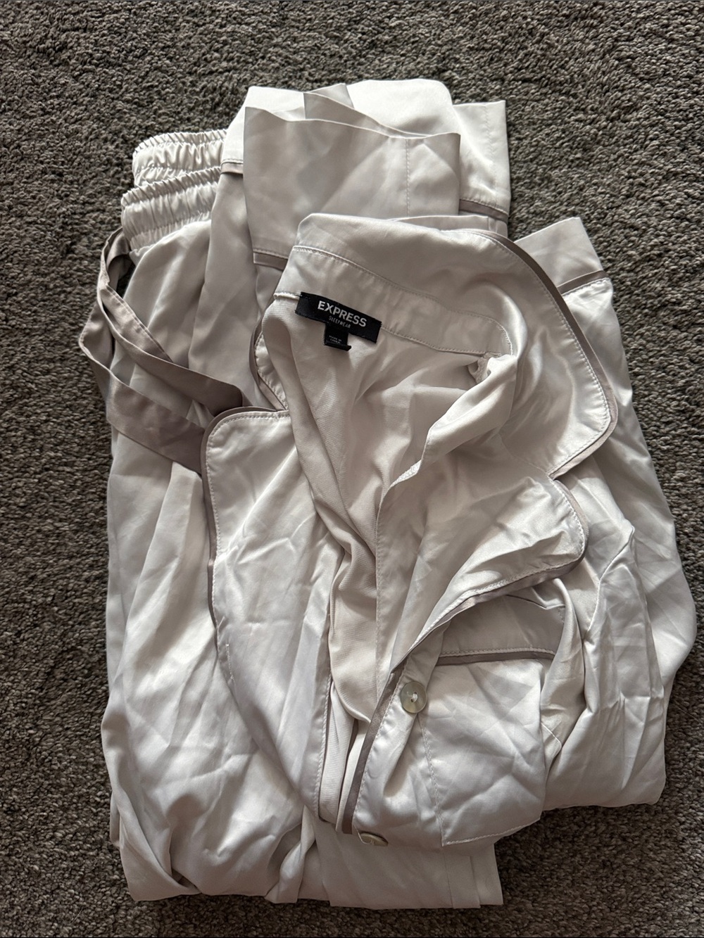 Express Cream Satin Pajama Set with Taupe Trim